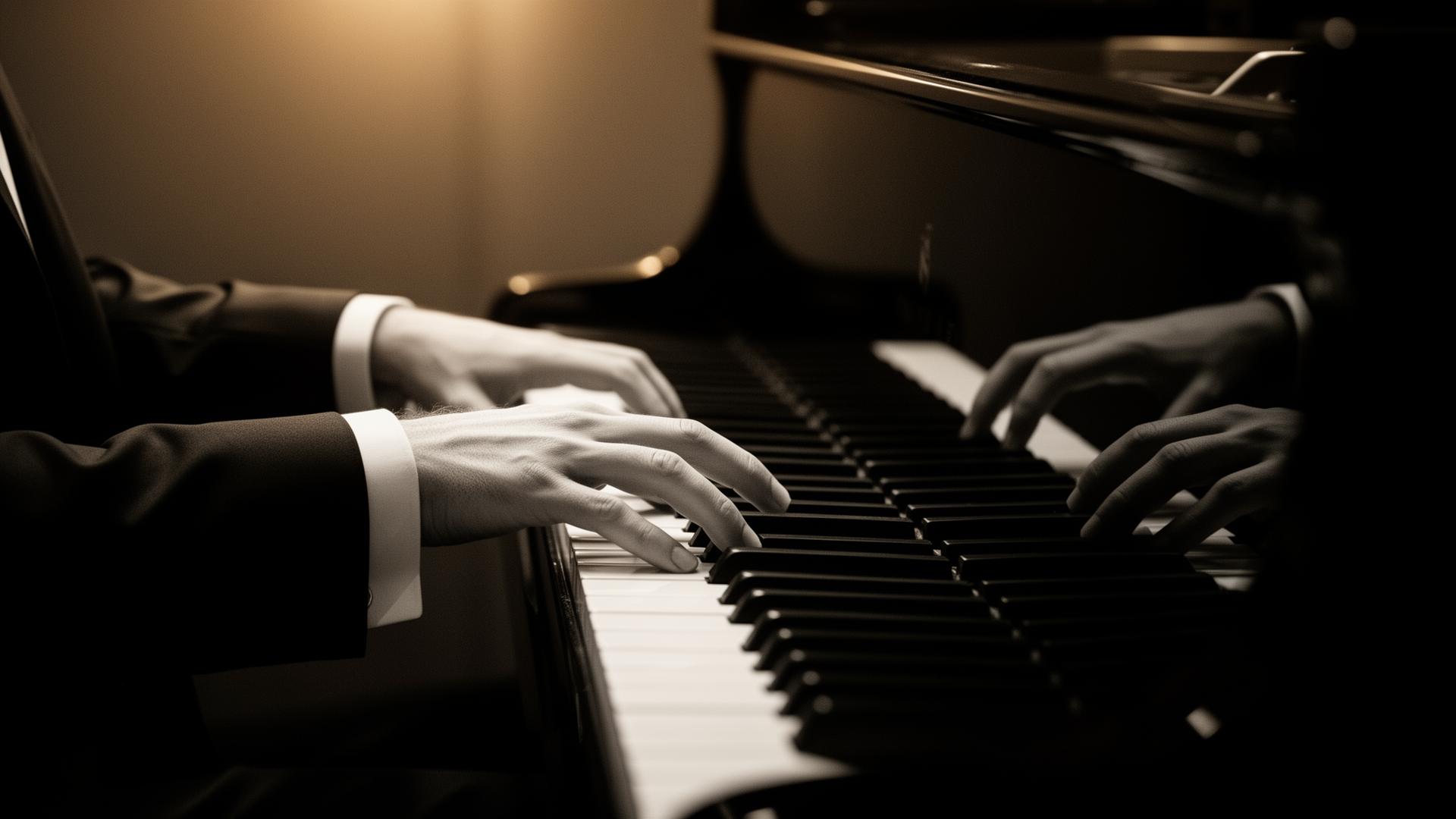 Pianist's hands playing a grand piano in warm light